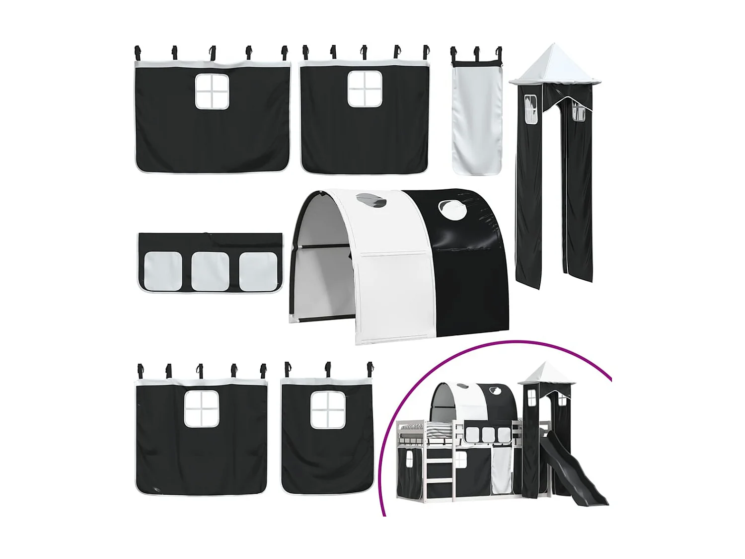 Lit superposé avec toboggan et rideaux blanc et noir 90x190 cm