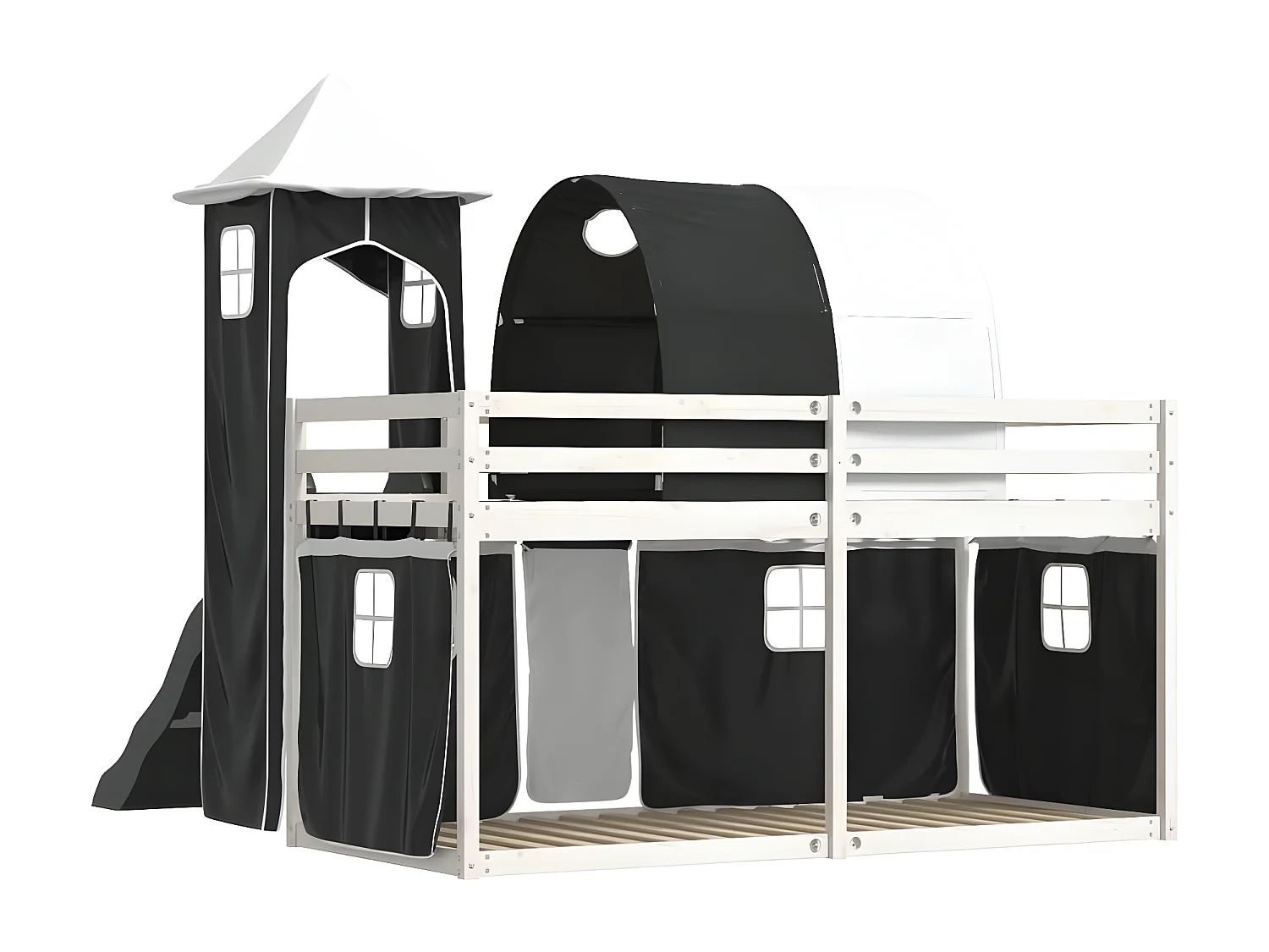 Lit superposé avec toboggan et rideaux blanc et noir 90x190 cm