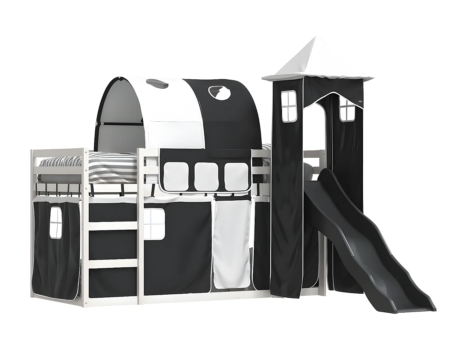 Litera con tobogán y cortinas blanco y negro 90x190 cm