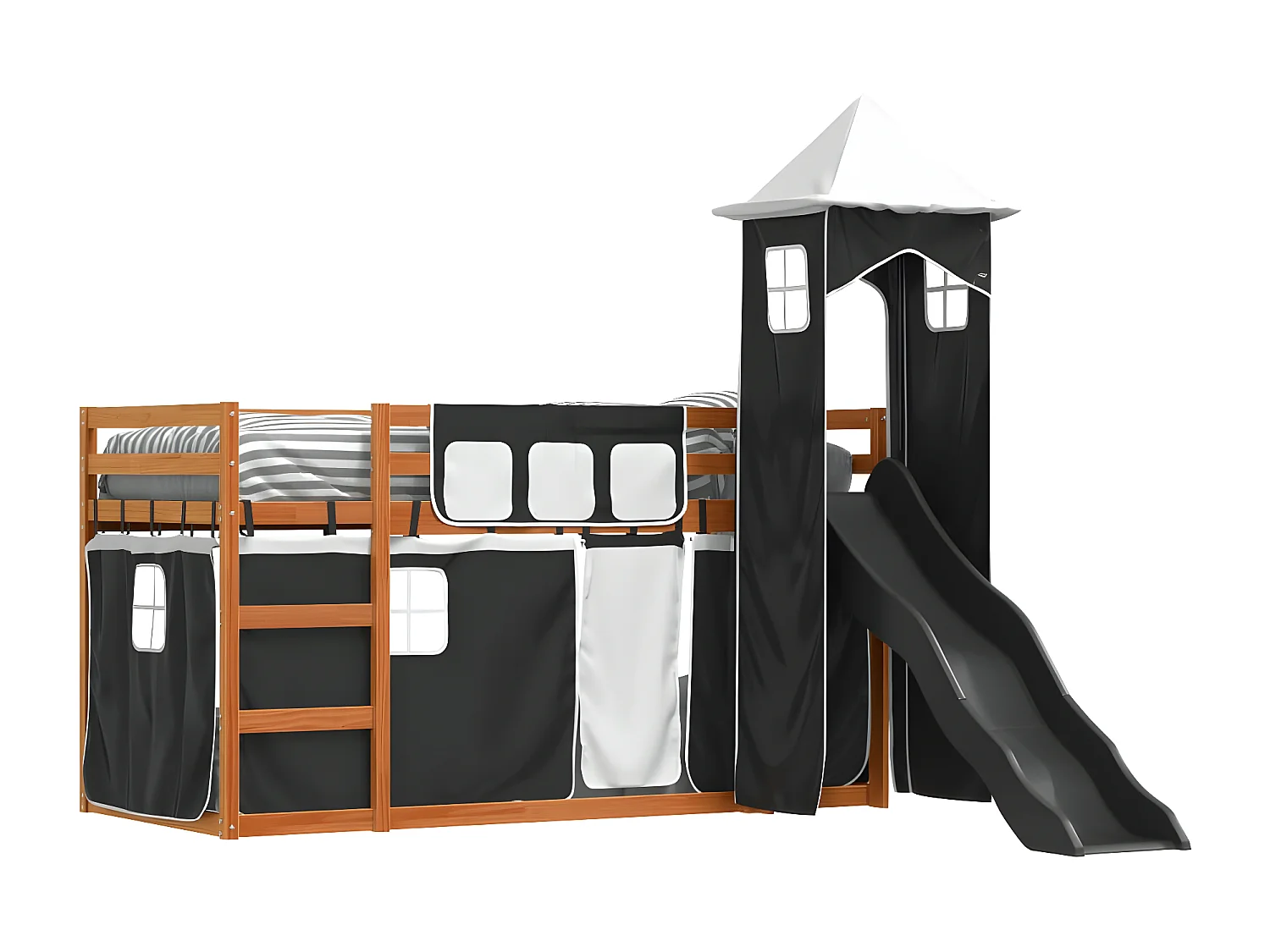 Lit superposé avec toboggan et rideaux blanc et noir 90x200 cm
