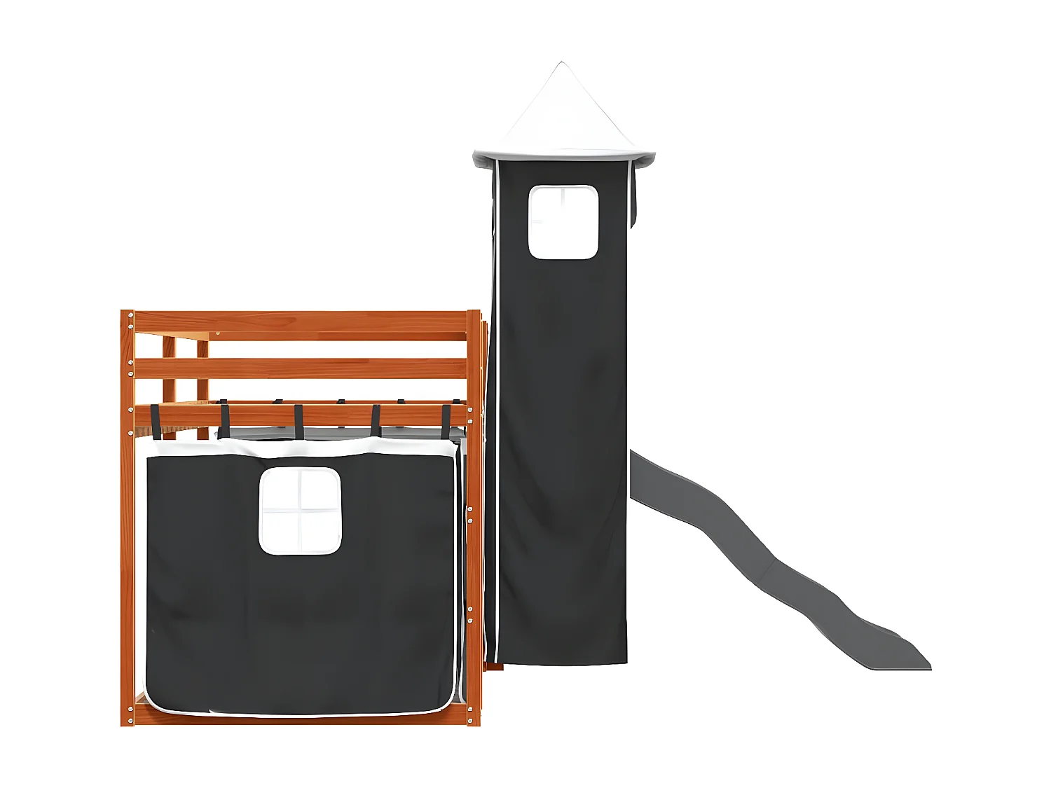 Lit superposé avec toboggan et rideaux blanc et noir 90x200 cm