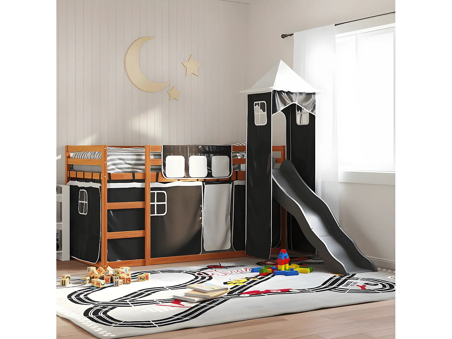 Lit superposé avec toboggan et rideaux blanc et noir 90x200 cm