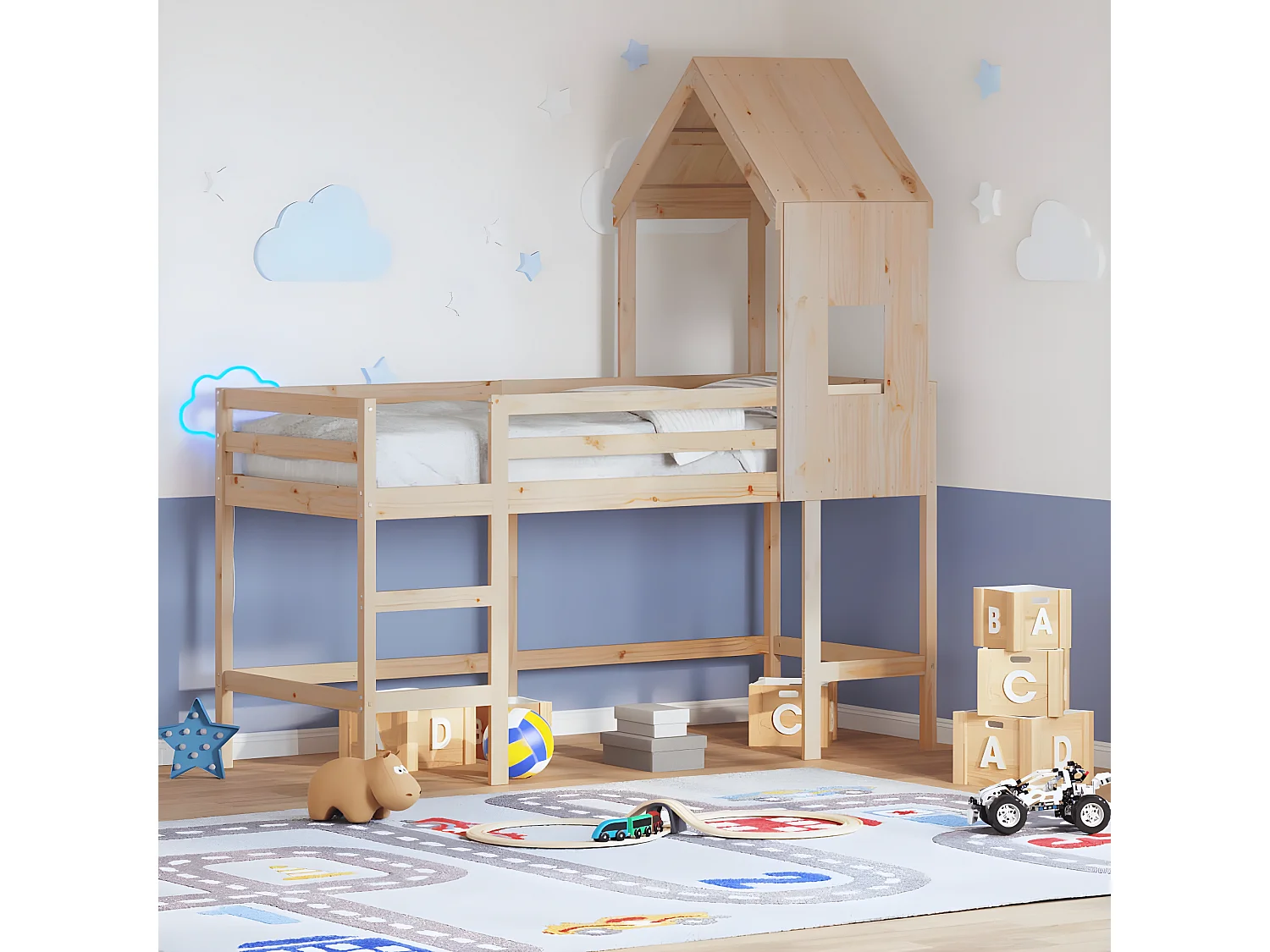 Lit superposé et échelle et toit 90x200 cm bois de pin massif