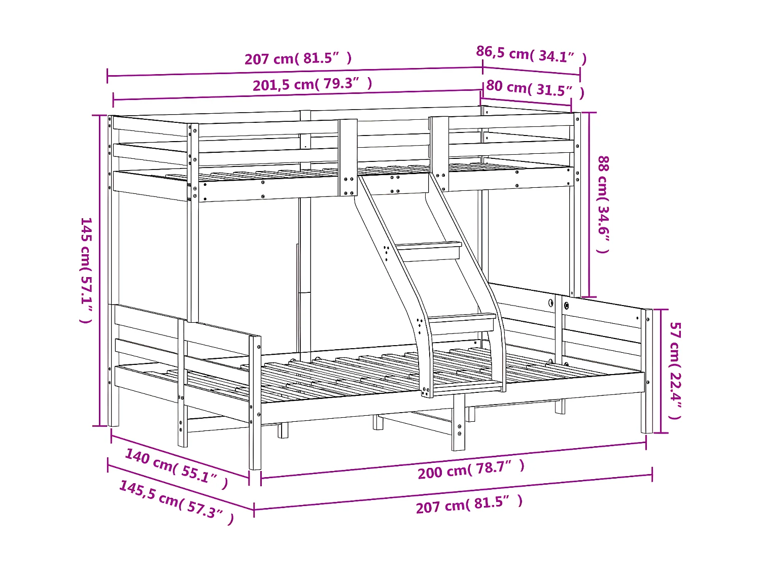 Lit superposé 80x200/140x200 cm bois de pin massif
