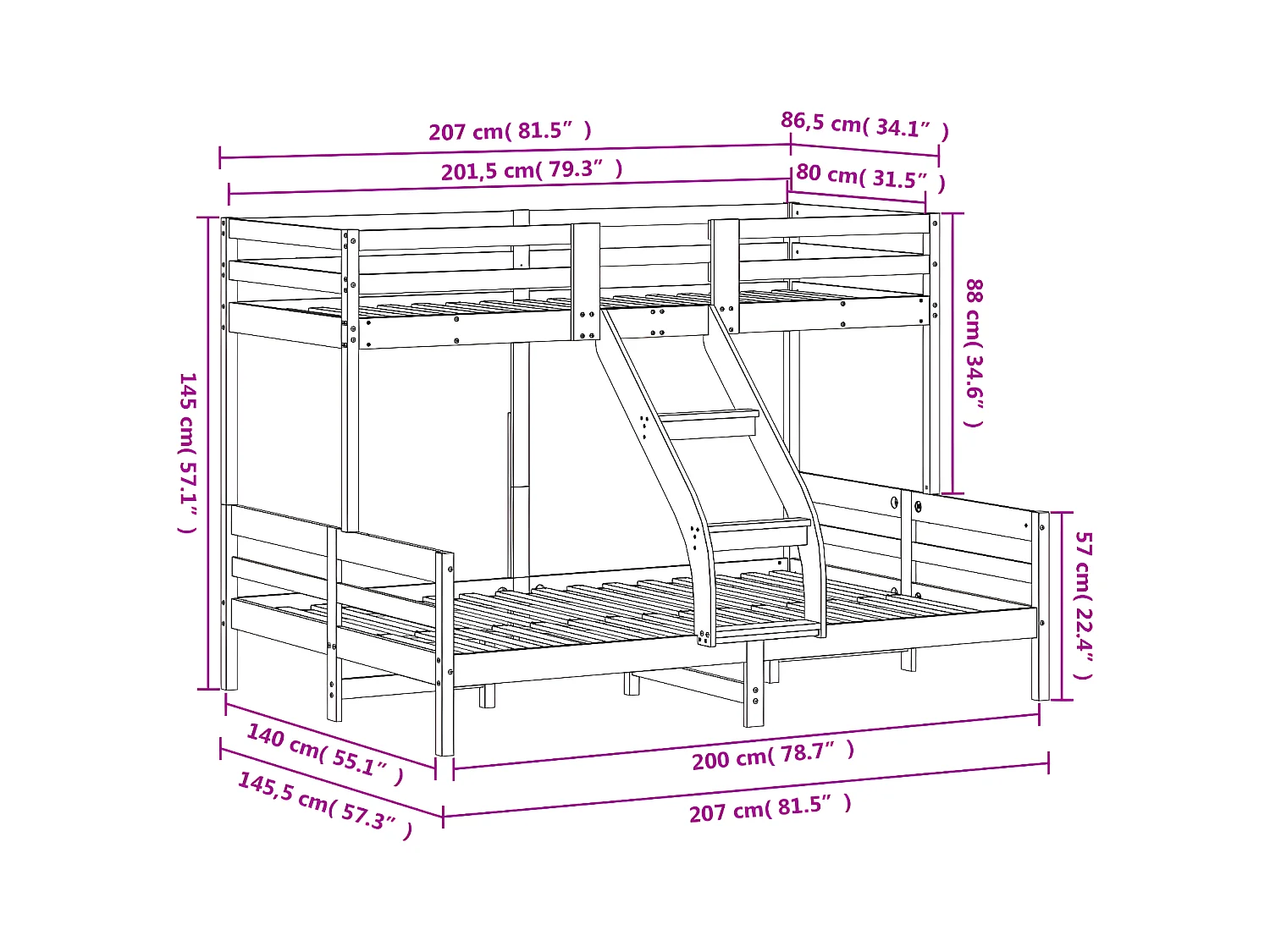 Litera de madera maciza de pino 80x200/140x200 cm