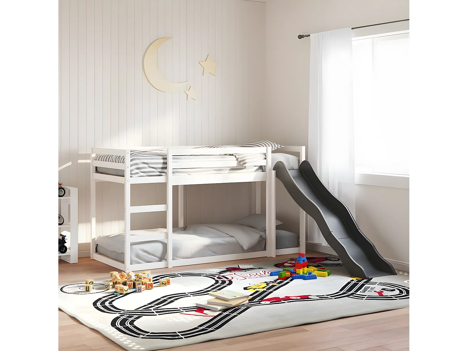 Beliche c/ escorrega e escada 90x190 cm pinho maciço branco