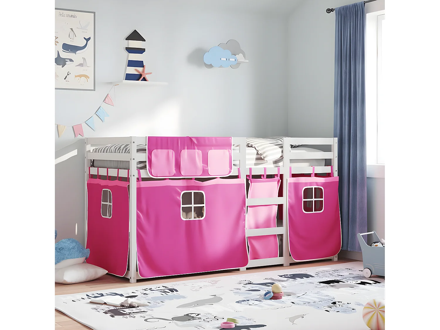 Lit superposé avec rideaux rose 90x190 cm bois pin massif