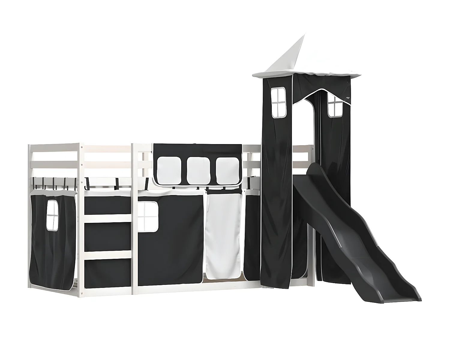 Lit superposé avec toboggan et rideaux blanc et noir 90x190 cm