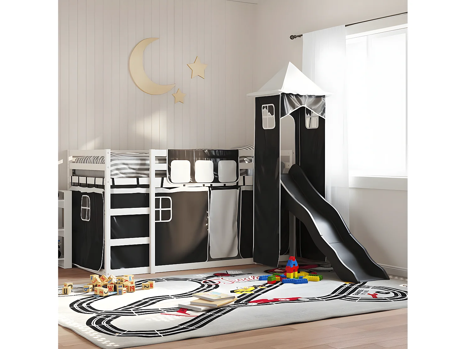 Lit superposé avec toboggan et rideaux blanc et noir 90x190 cm