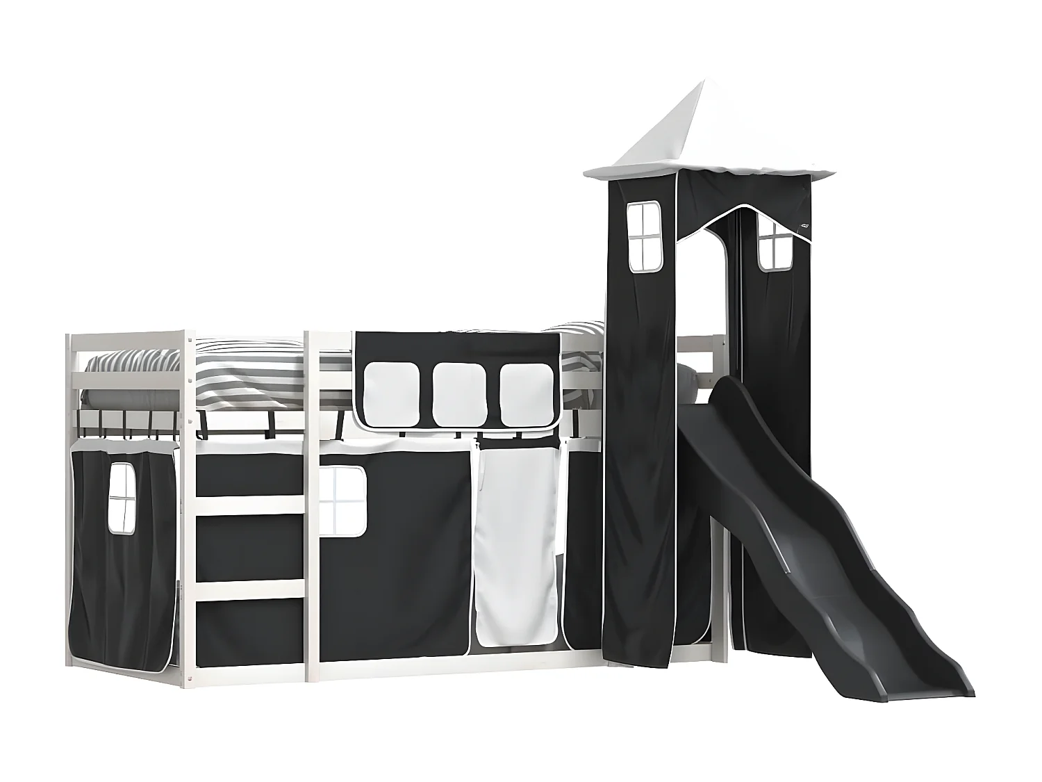 Lit superposé avec toboggan et rideaux blanc et noir 90x190 cm
