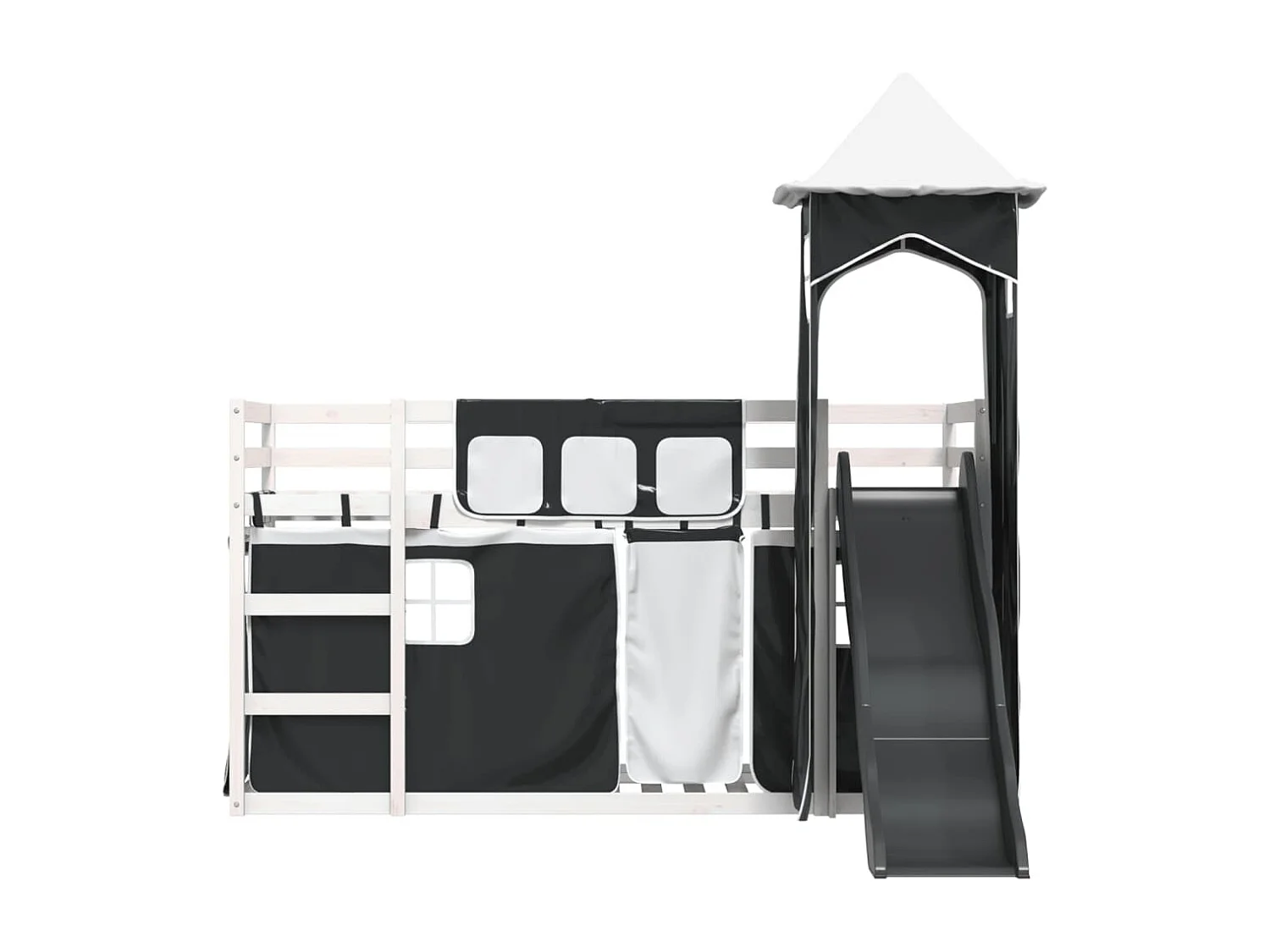 Lit superposé avec toboggan et rideaux blanc et noir 90x190 cm