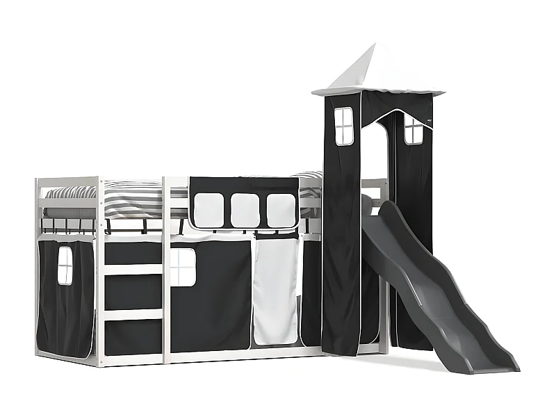 Lit superposé avec toboggan et rideaux blanc et noir 90x190 cm