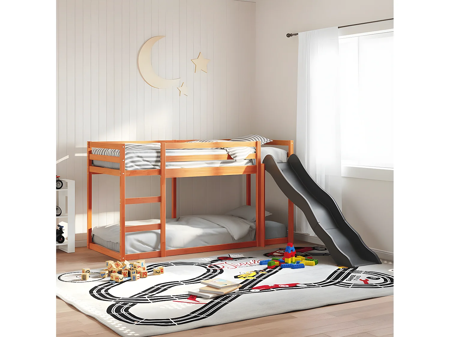 Lit superposé avec toboggan et échelle 75x190cm bois pin massif