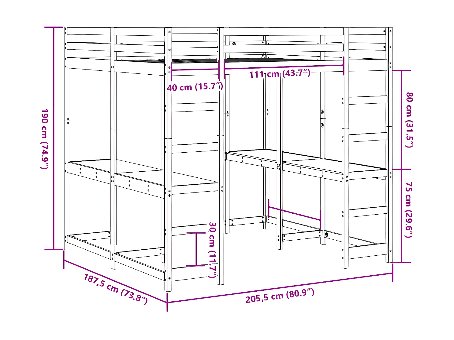 Cama alta con escritorio y escalera madera maciza 180x200 cm