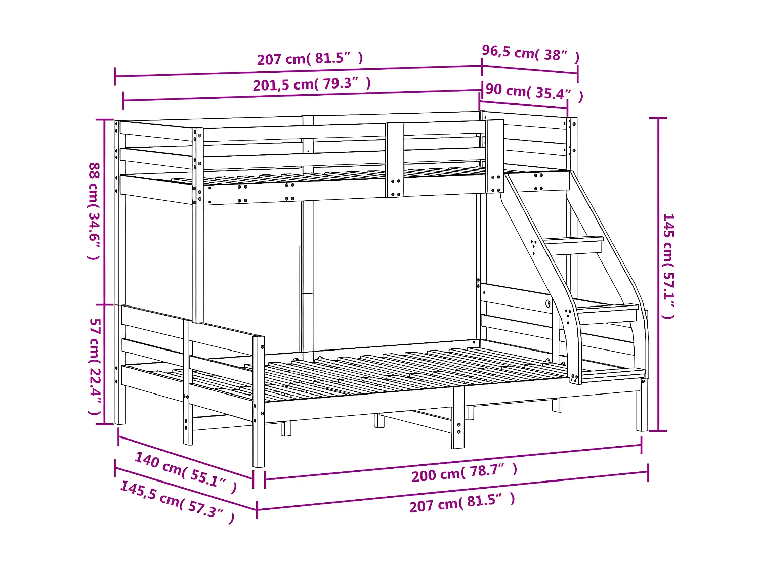 Lit superposé 90x200/140x200 cm cire marron bois de pin massif