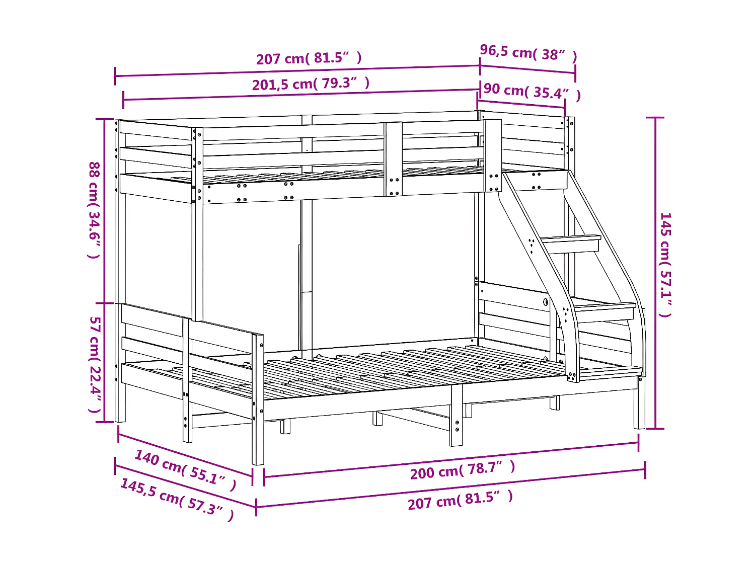 Lit superposé 90x200/140x200 cm bois de pin massif