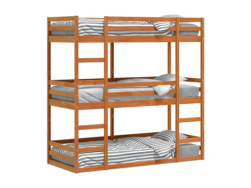 Lit superposé triple marron cire 80x200 cm bois de pin massif