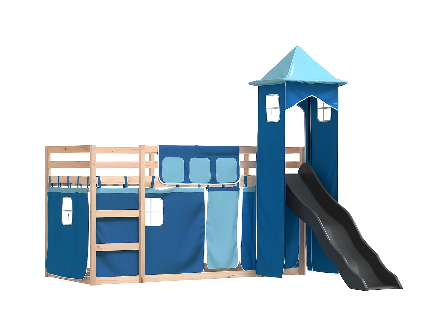 Lit superposé avec toboggan et rideaux bleu 80x200 cm