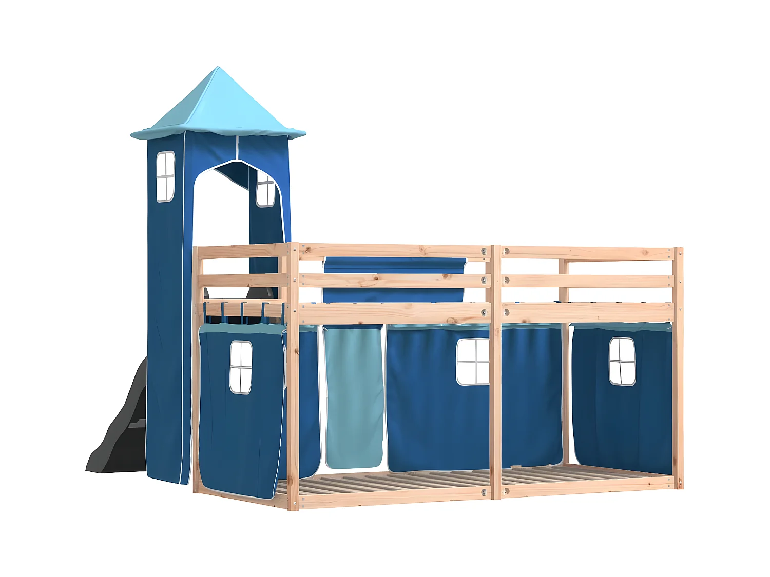Lit superposé avec toboggan et rideaux bleu 80x200 cm