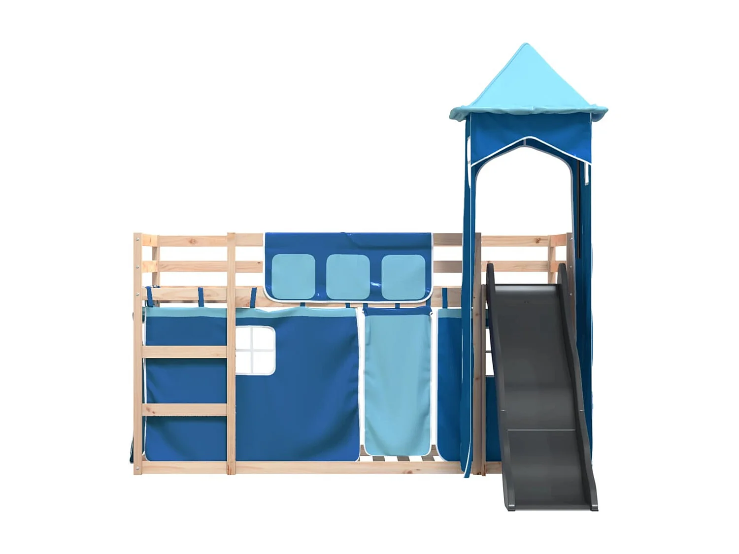 Lit superposé avec toboggan et rideaux bleu 80x200 cm