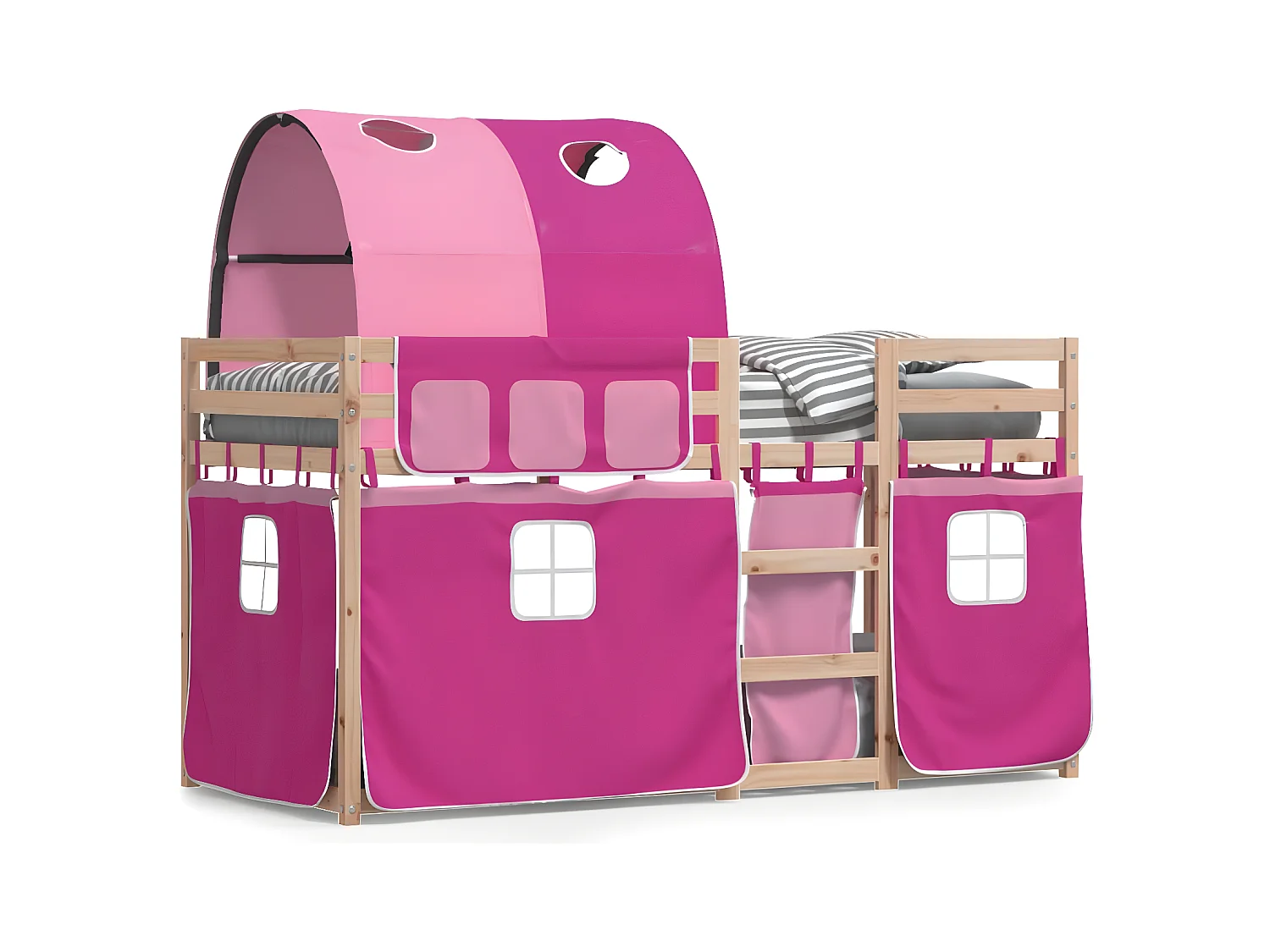 Lit superposé avec rideaux rose 90x190 cm bois pin massif