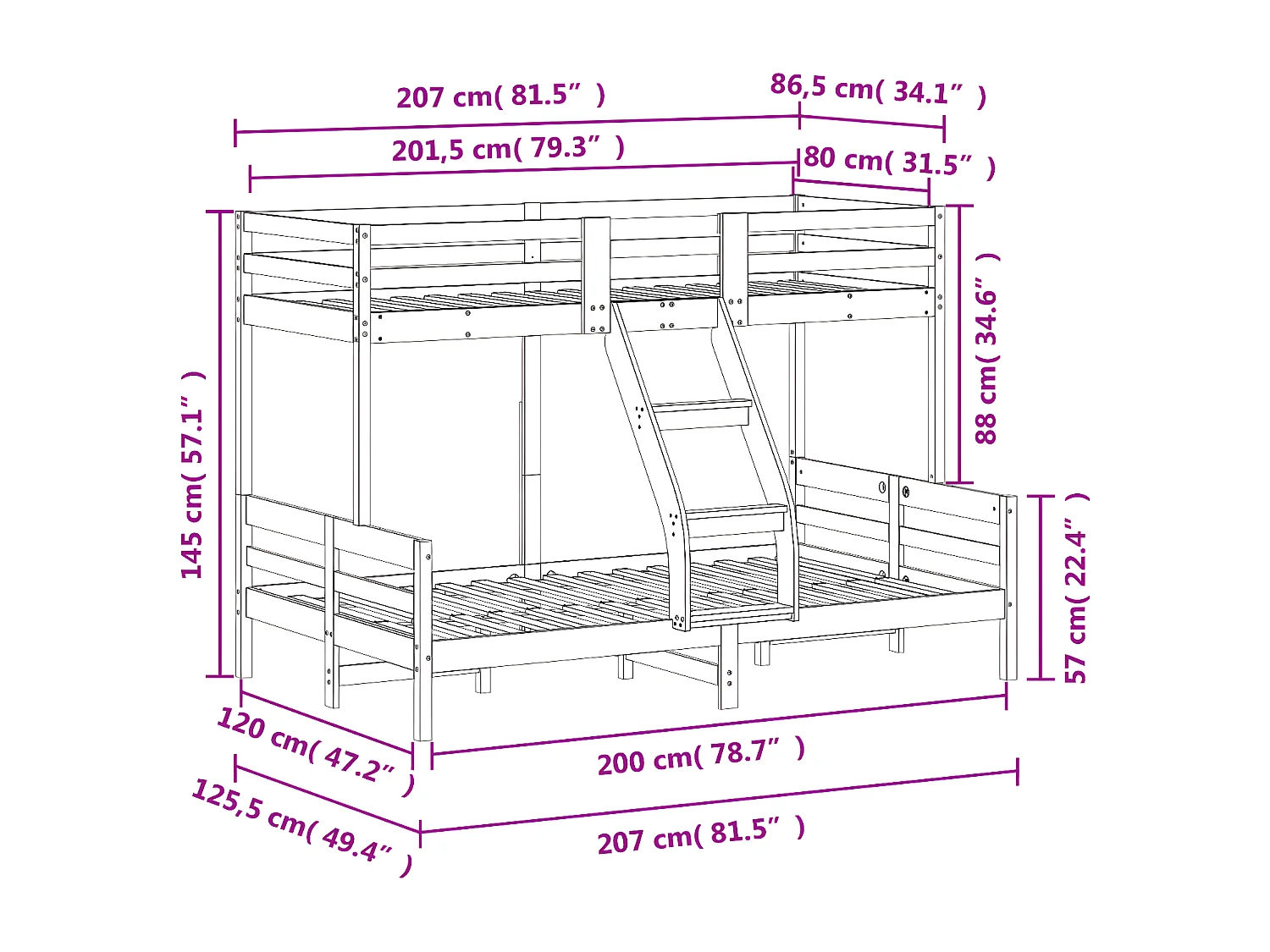 Litera de madera maciza de pino marrón cera 80x200/120x200 cm