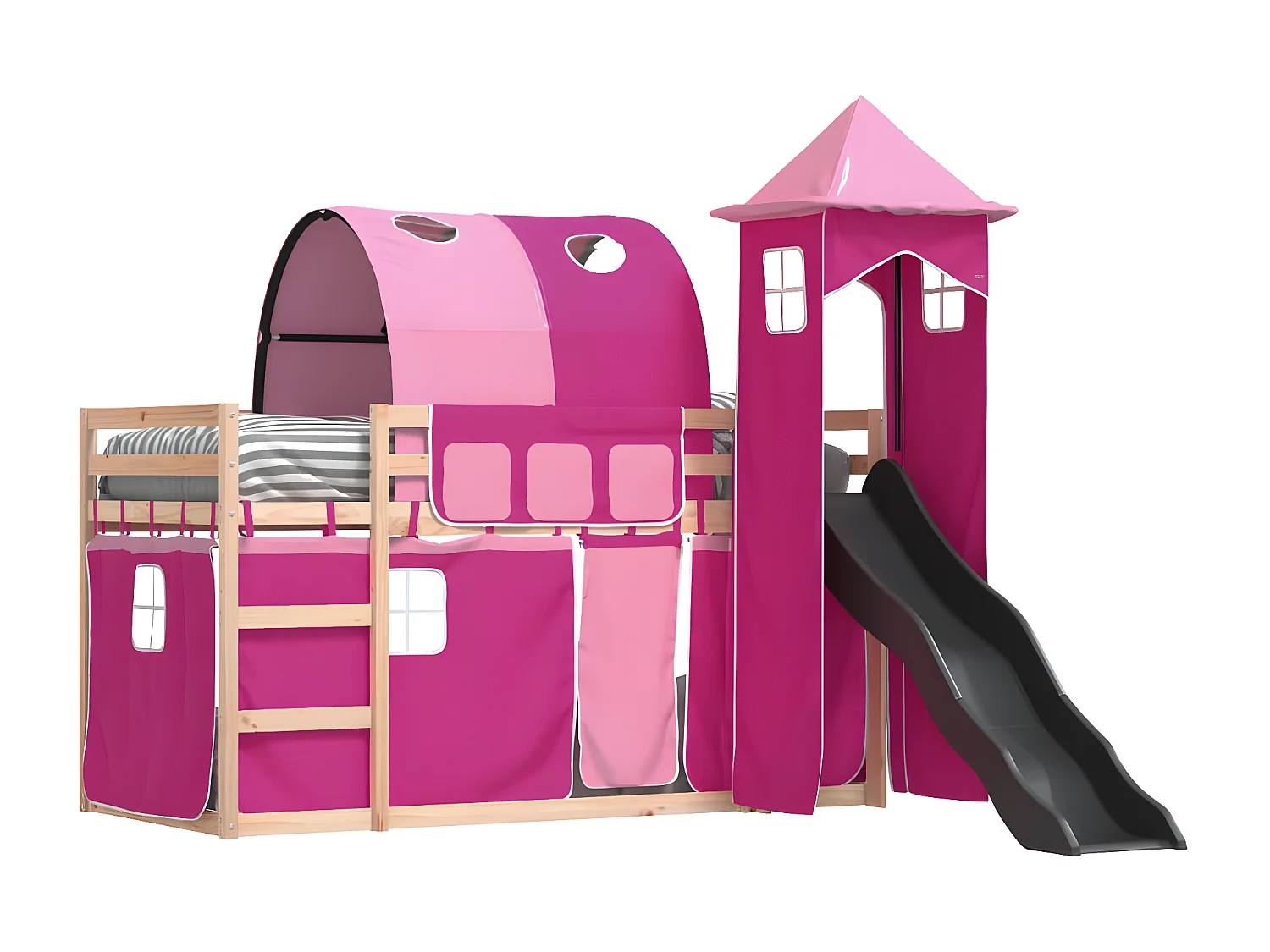 Litera con tobogán y cortinas rosa 80x200 cm