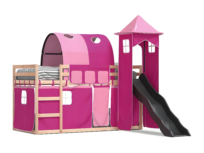 Lit superposé avec toboggan et rideaux rose 90x200 cm