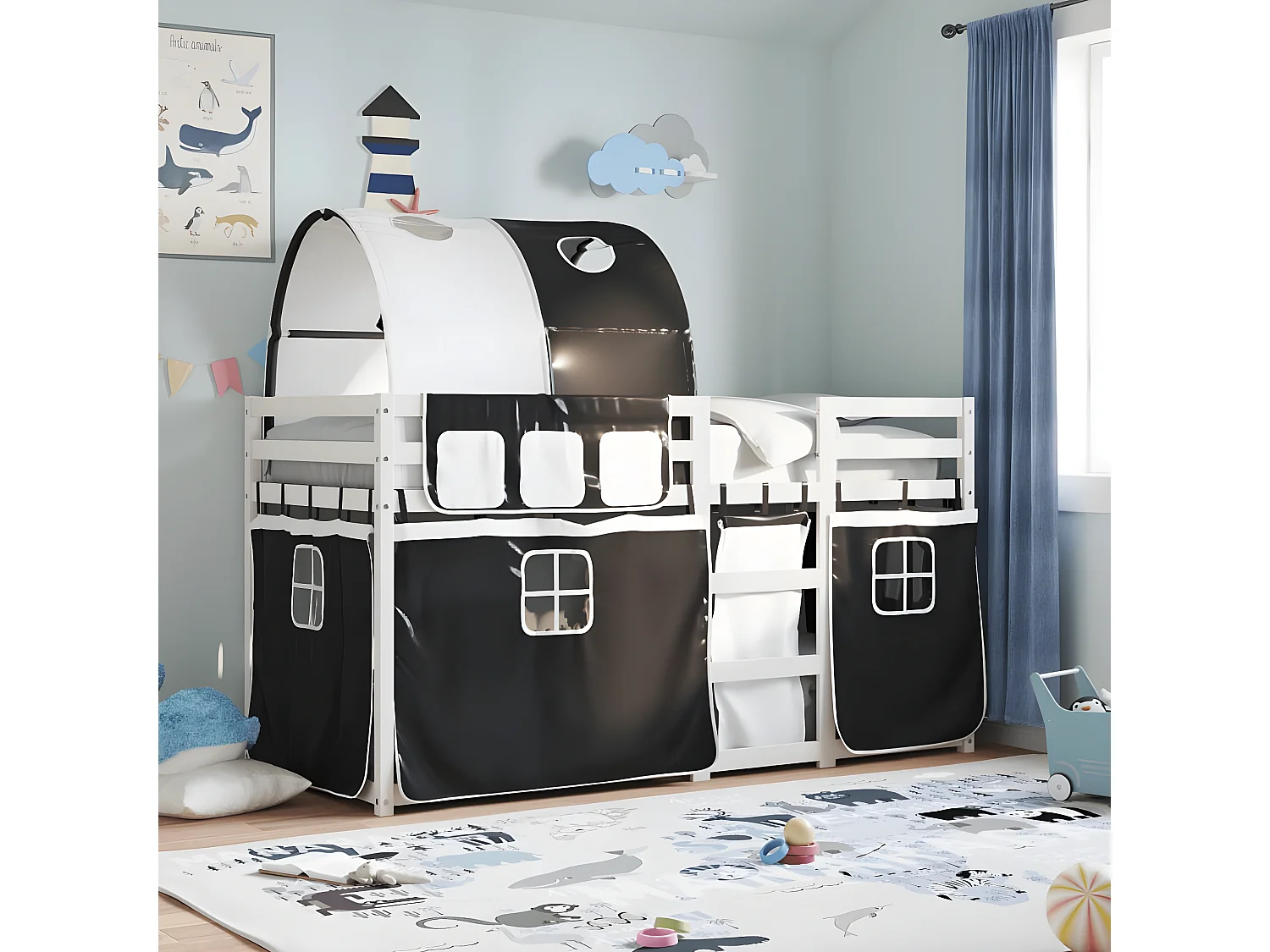 Litera con cortinas madera maciza pino blanco y negro 90x190 cm