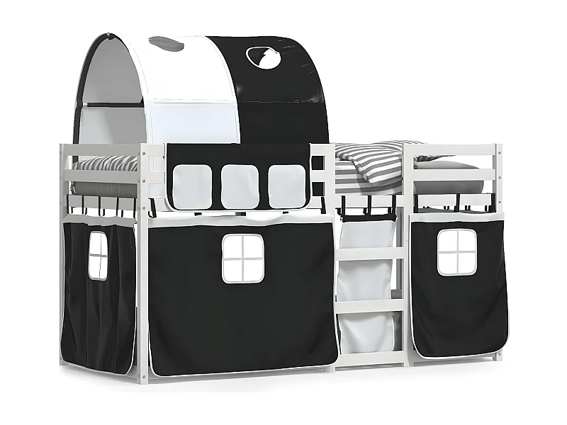 Lit superposé avec rideaux blanc/noir 90x190 cm bois pin massif
