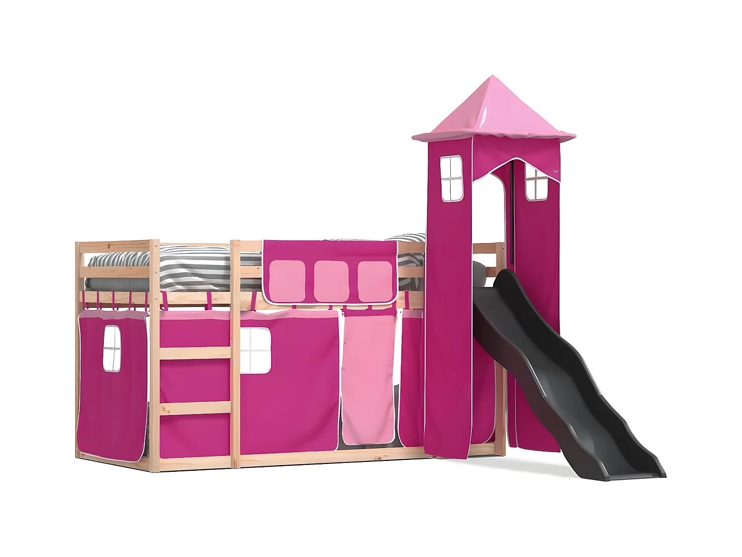 Lit superposé avec toboggan et rideaux rose 80x200 cm