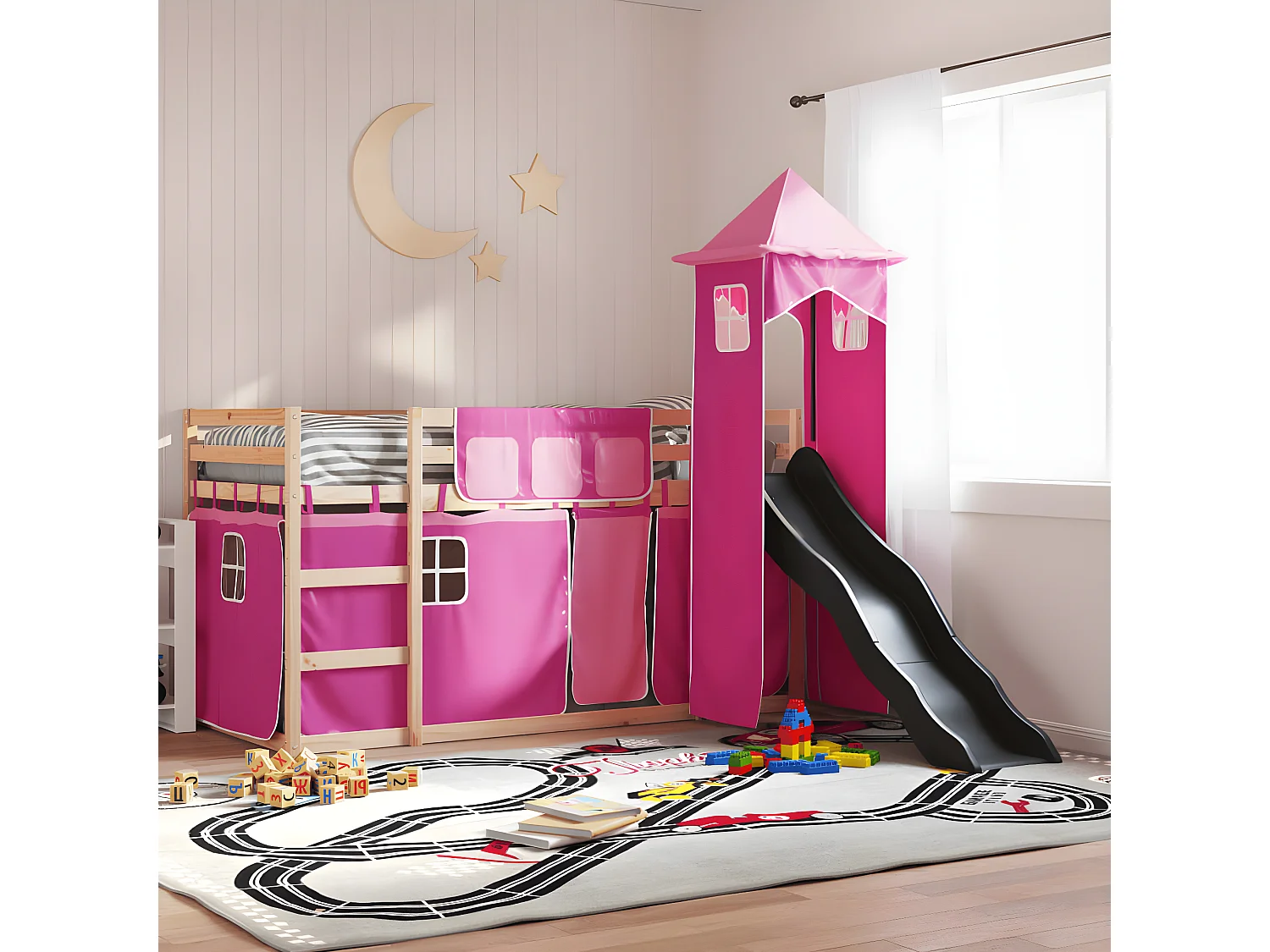 Lit superposé avec toboggan et rideaux rose 80x200 cm