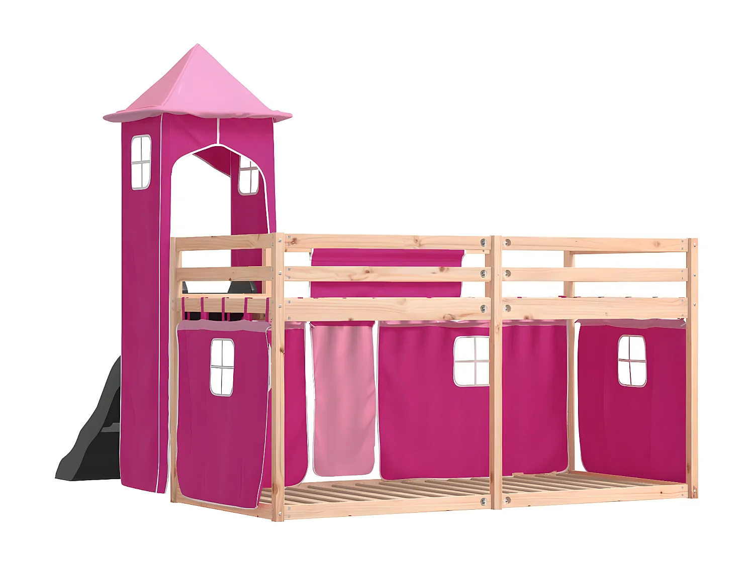 Lit superposé avec toboggan et rideaux rose 80x200 cm