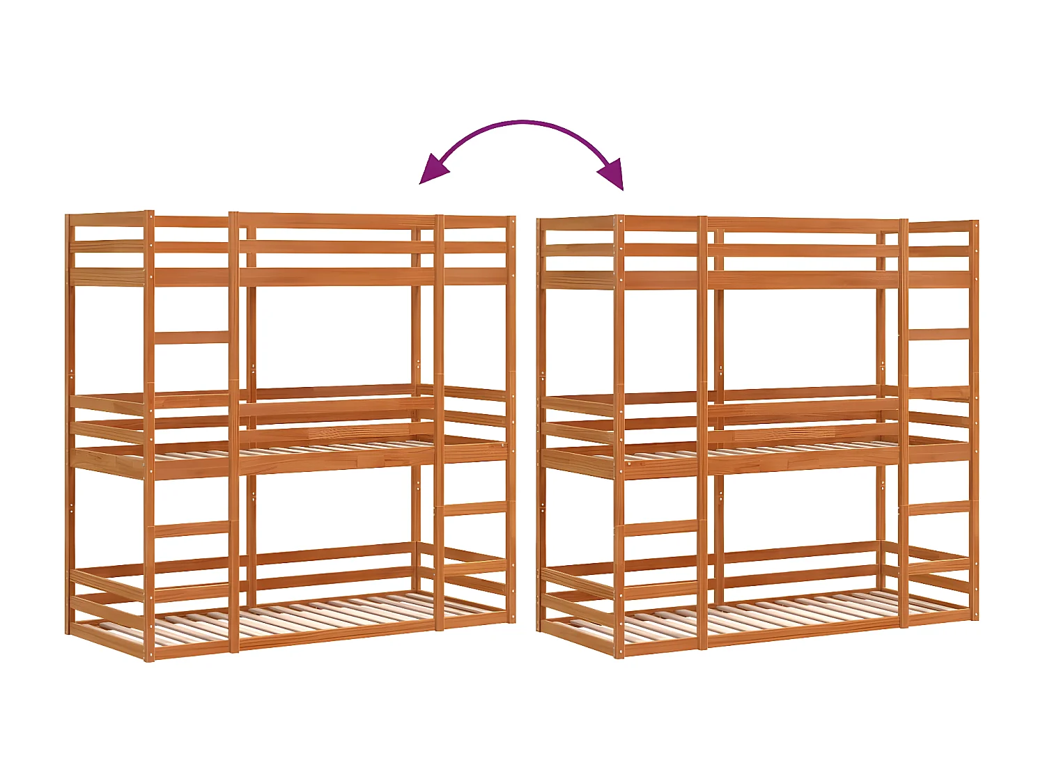 Lit superposé triple marron cire 75x190 cm bois de pin massif