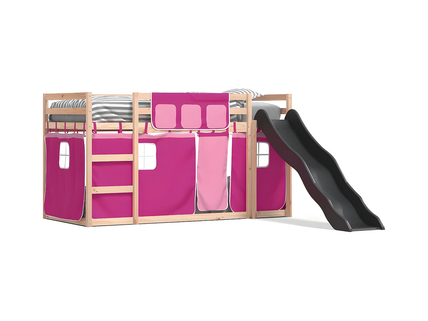 Lit superposé avec toboggan et rideaux rose 90x190 cm
