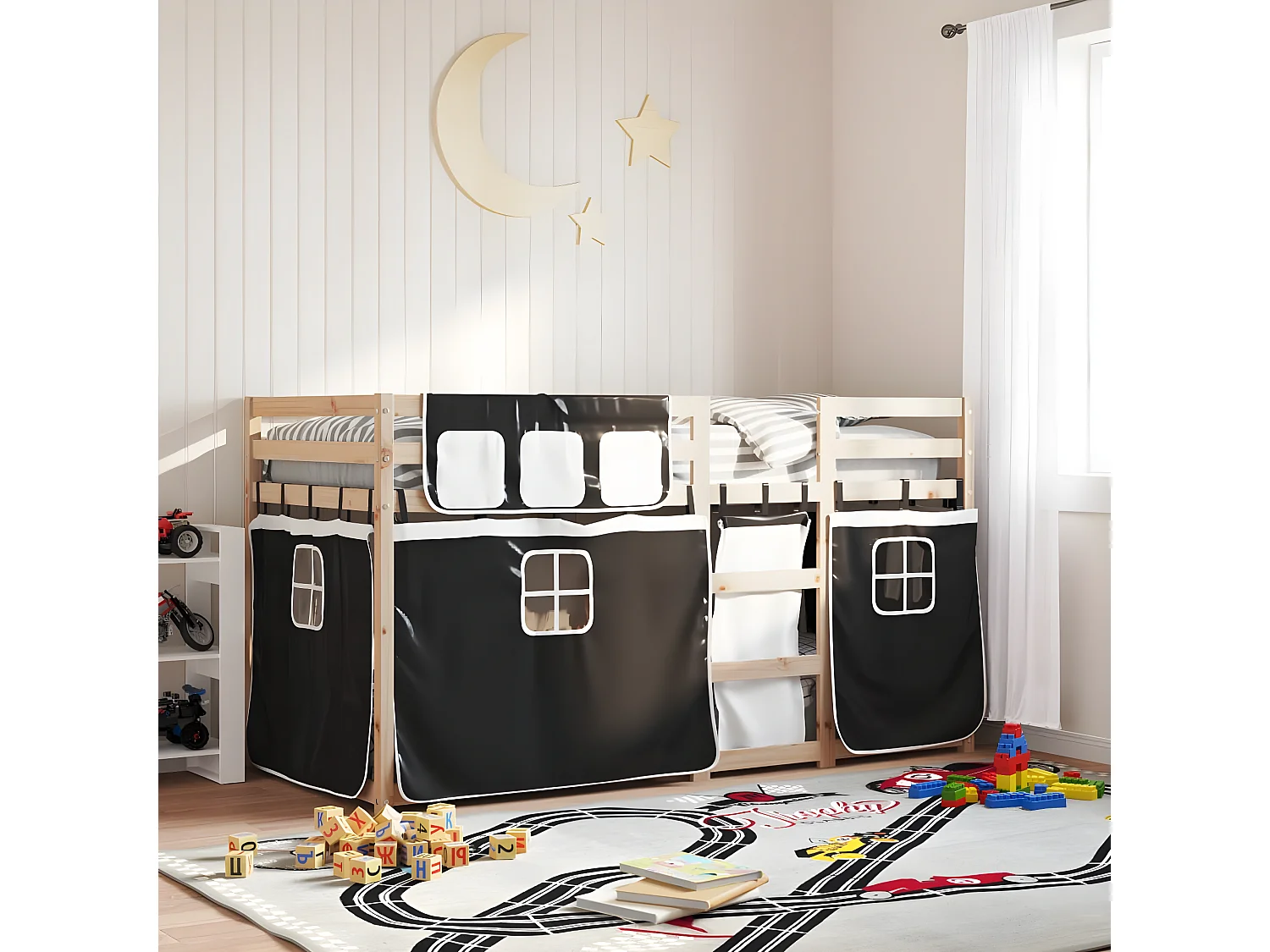 Lit superposé avec rideaux blanc/noir 90x190 cm bois pin massif