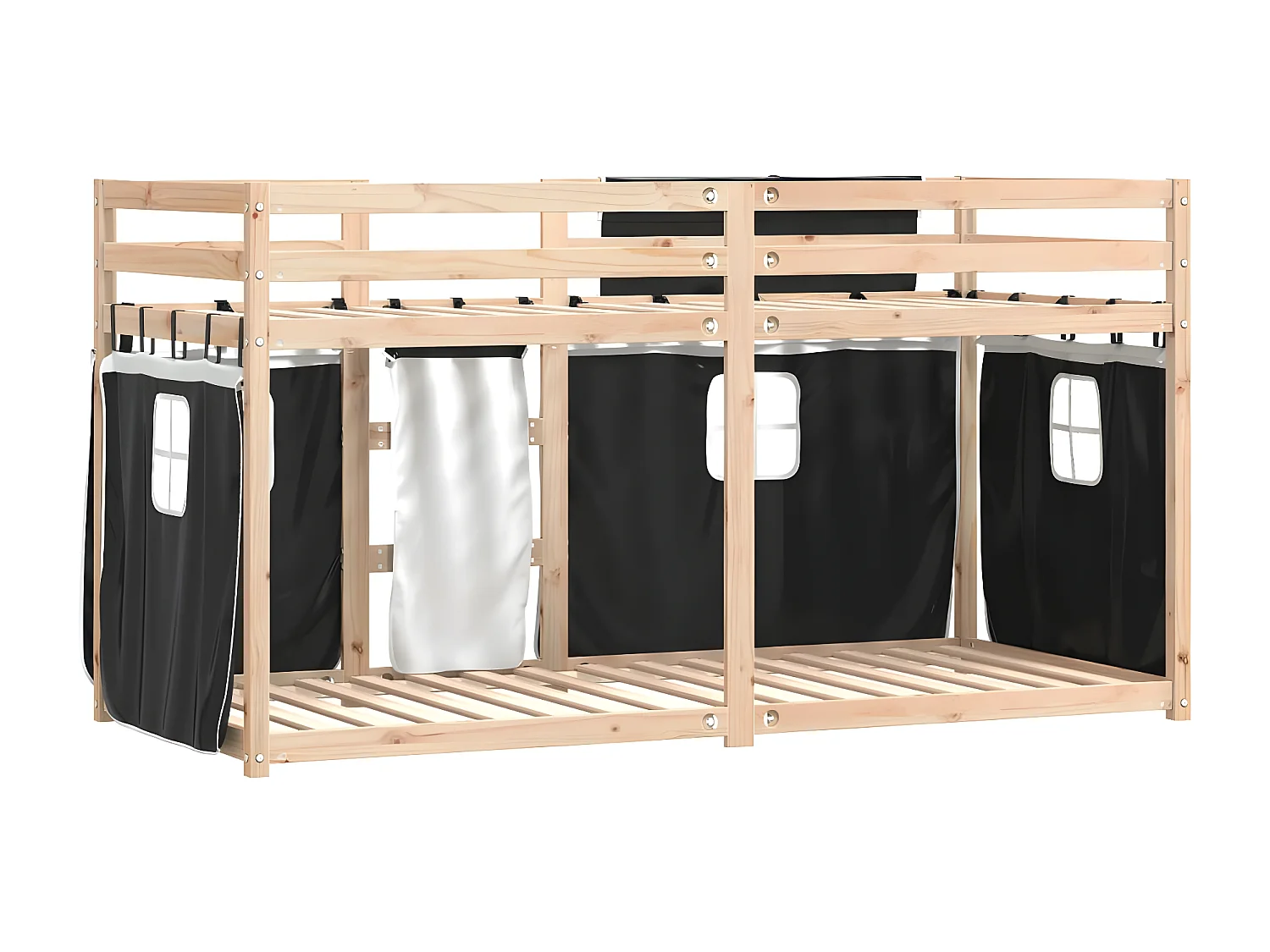Lit superposé avec rideaux blanc/noir 90x190 cm bois pin massif