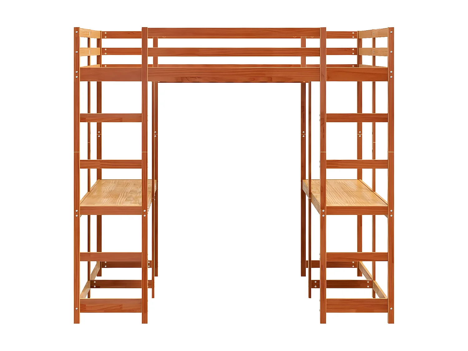 Cama alta com secretária e escada pinho maciço castanho-mel