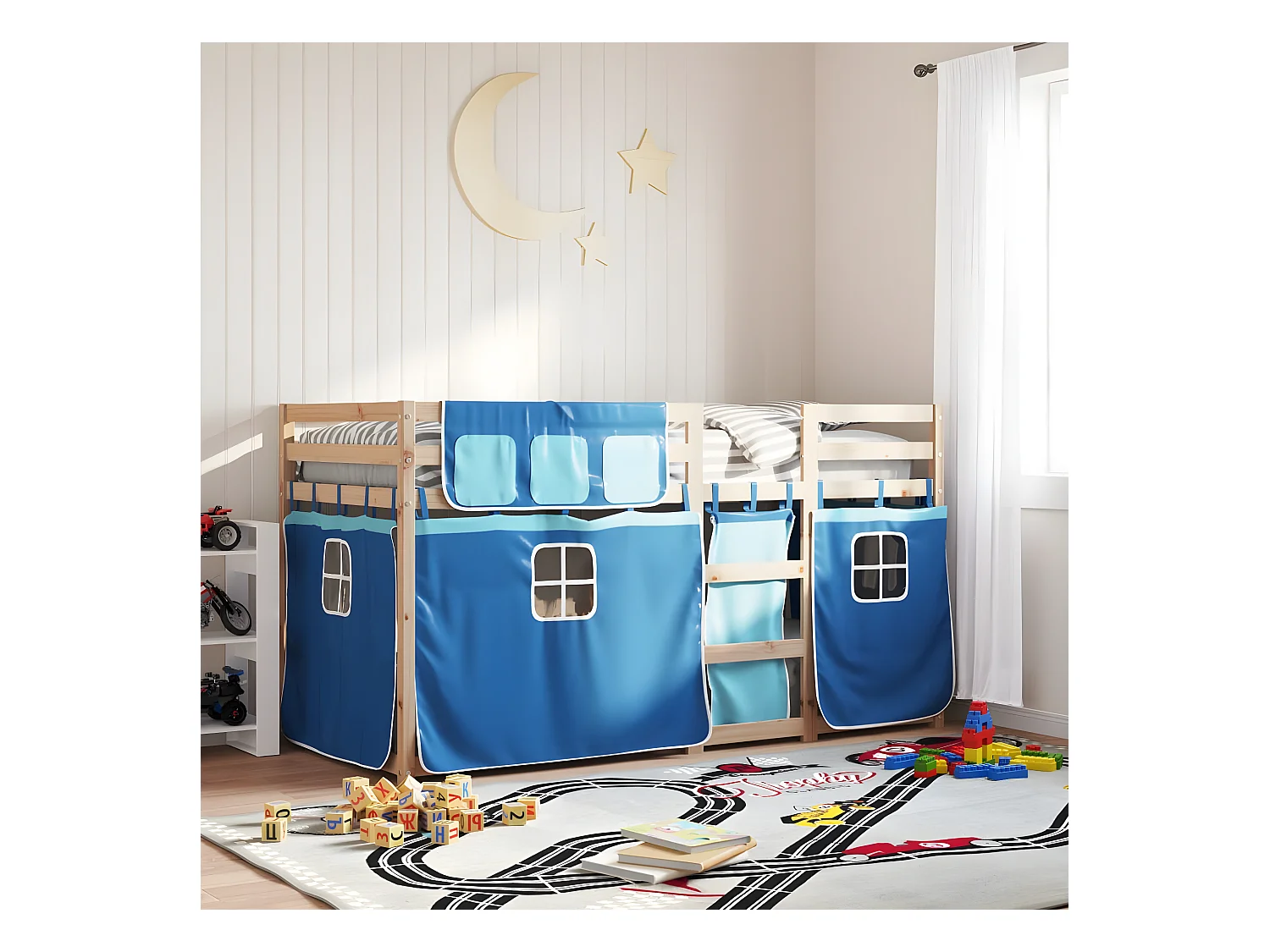Lit superposé avec rideaux bleu 80x200 cm bois pin massif