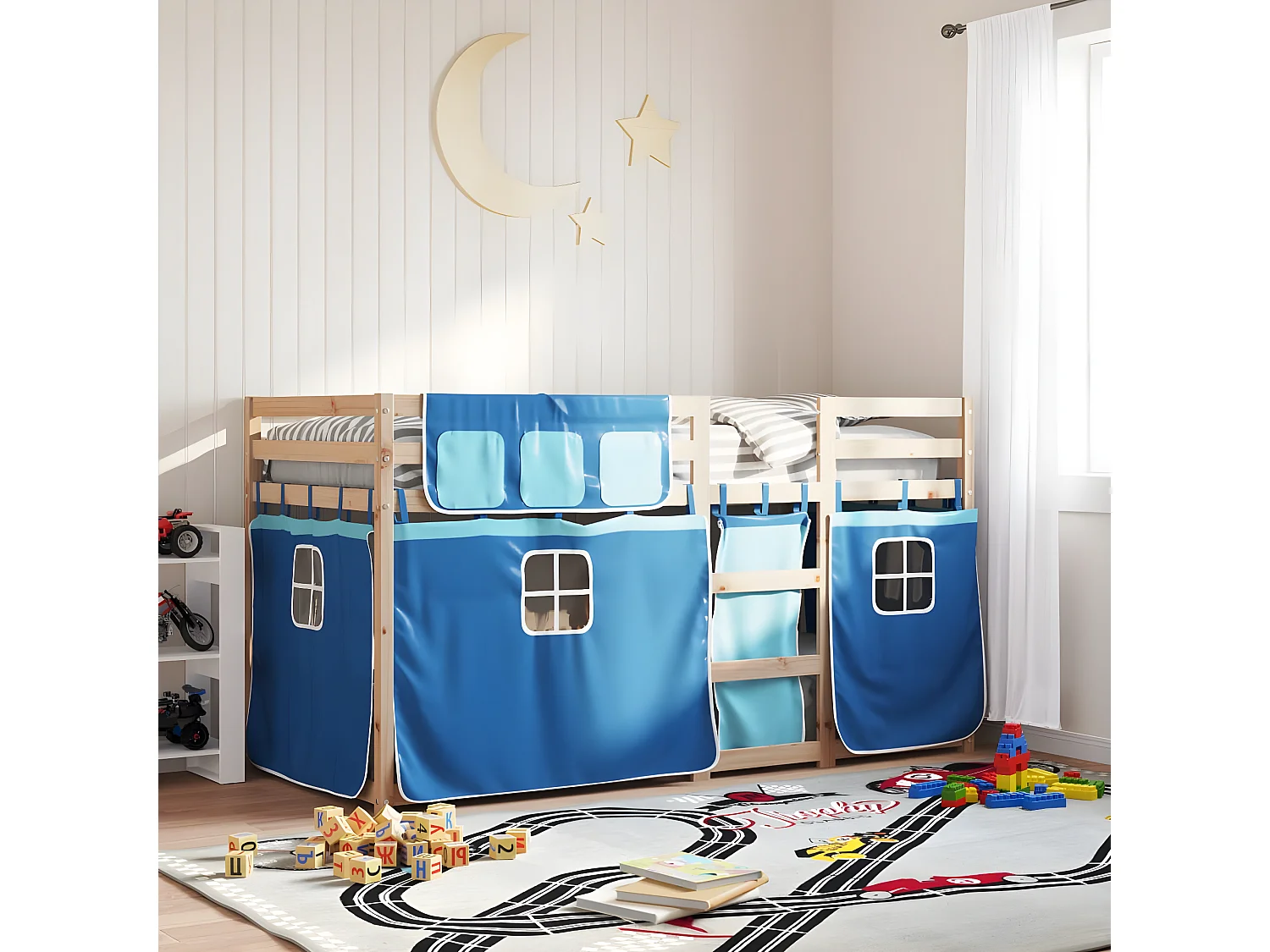 Lit superposé avec rideaux bleu 80x200 cm bois pin massif