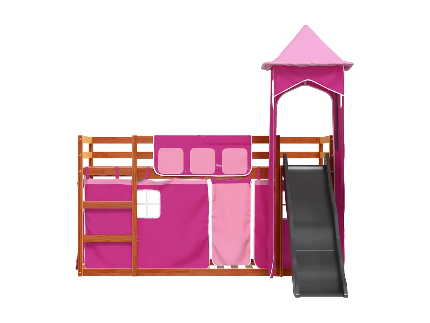 Lit superposé avec toboggan et rideaux rose 90x200 cm