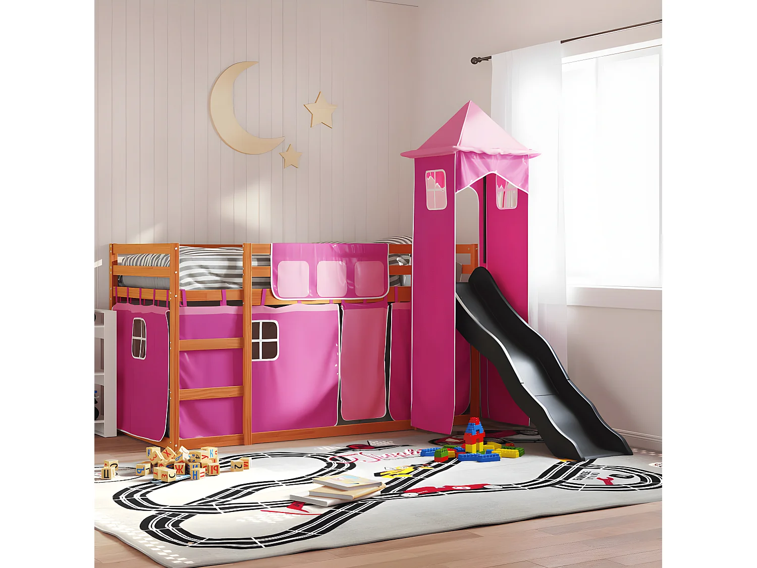 Lit superposé avec toboggan et rideaux rose 90x200 cm
