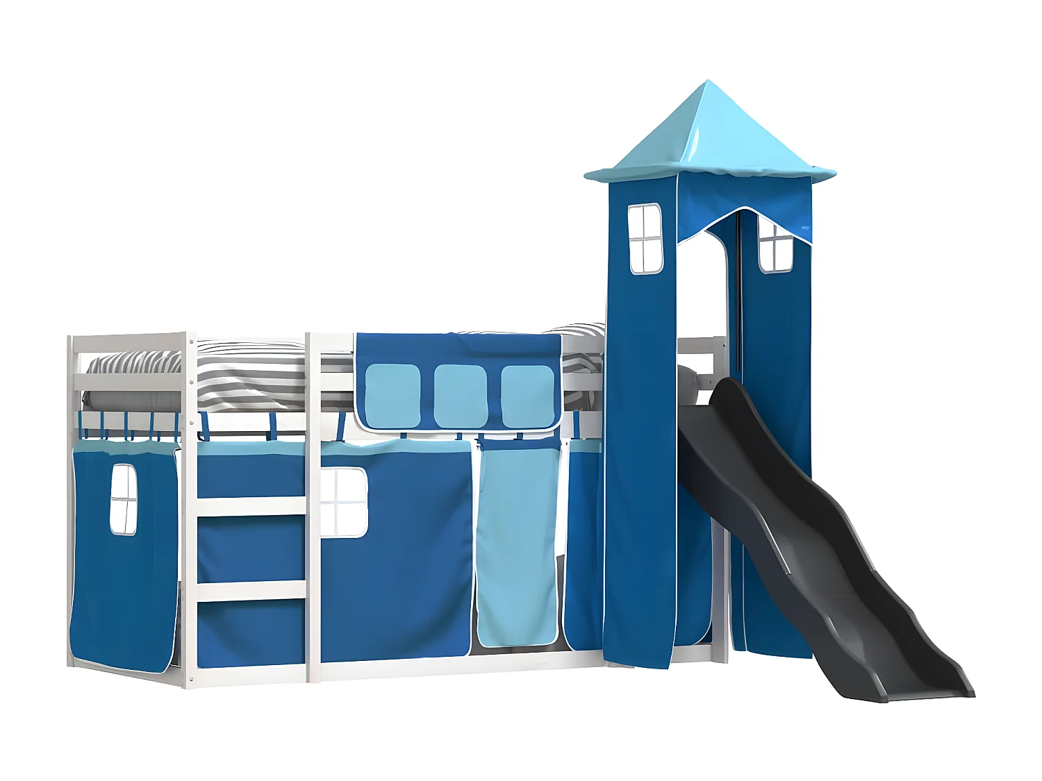 Lit superposé avec toboggan et rideaux bleu 90x200 cm