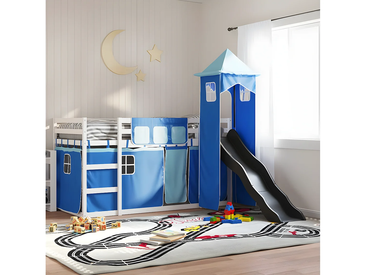 Beliche com escorrega e cortinas 90x200 cm azul