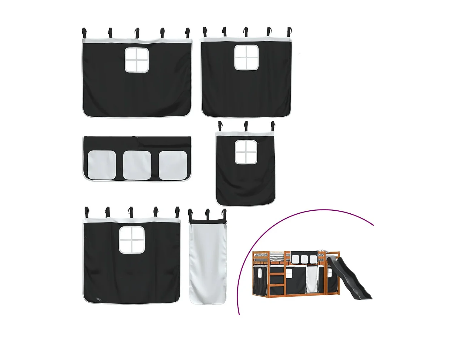 Lit superposé avec toboggan et rideaux blanc et noir 90x200 cm