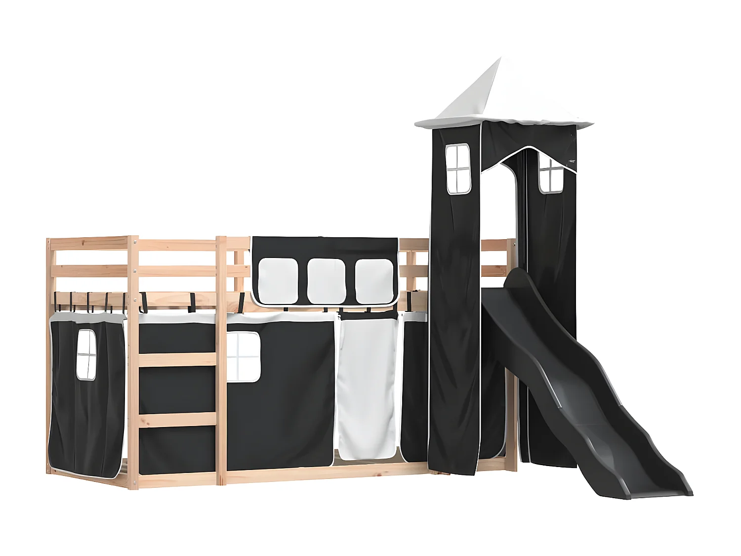 Lit superposé avec toboggan et rideaux blanc et noir 90x200 cm