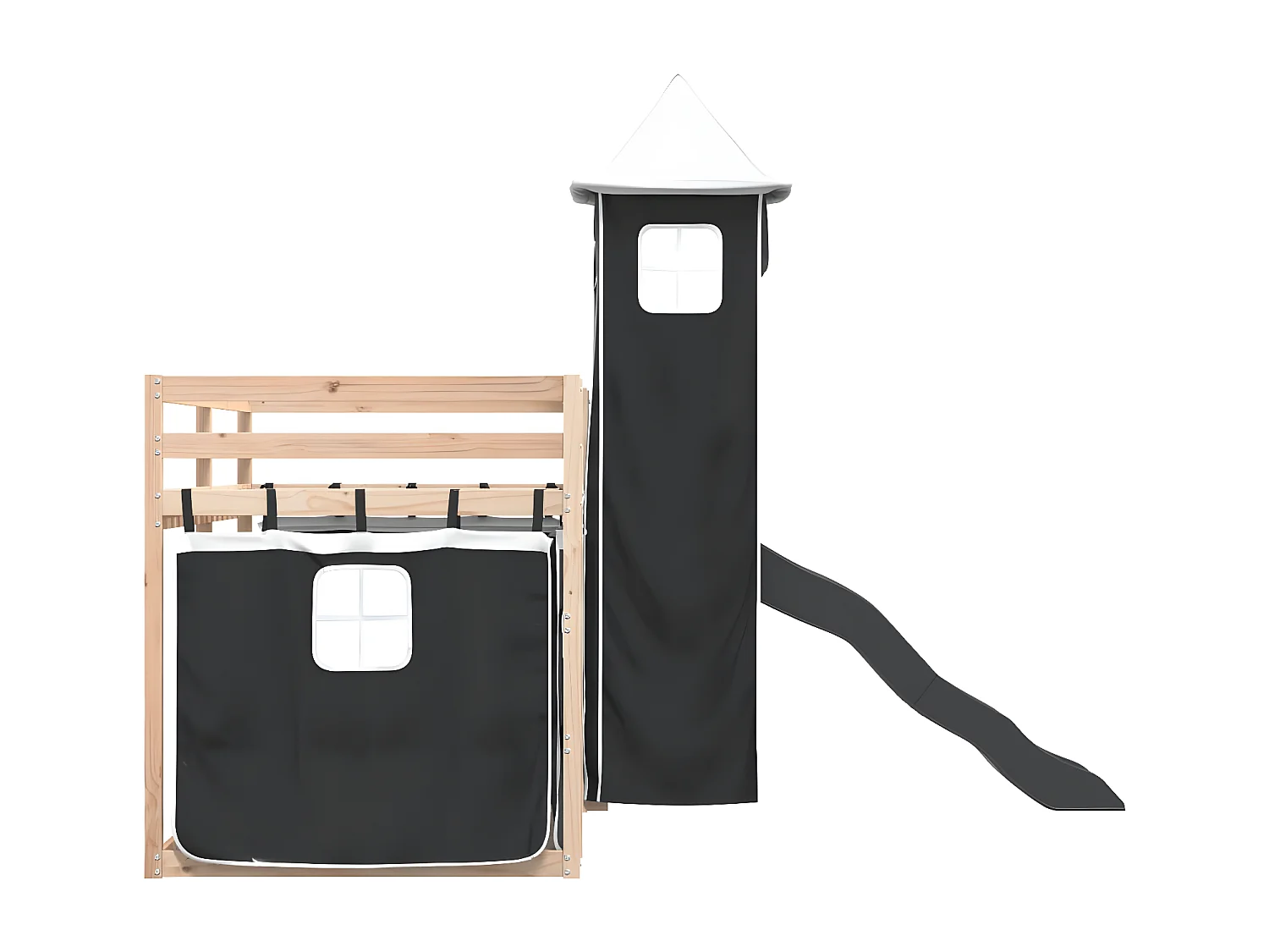 Lit superposé avec toboggan et rideaux blanc et noir 90x200 cm