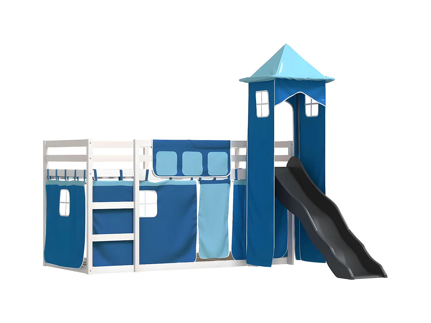 Lit superposé avec toboggan et rideaux bleu 80x200 cm
