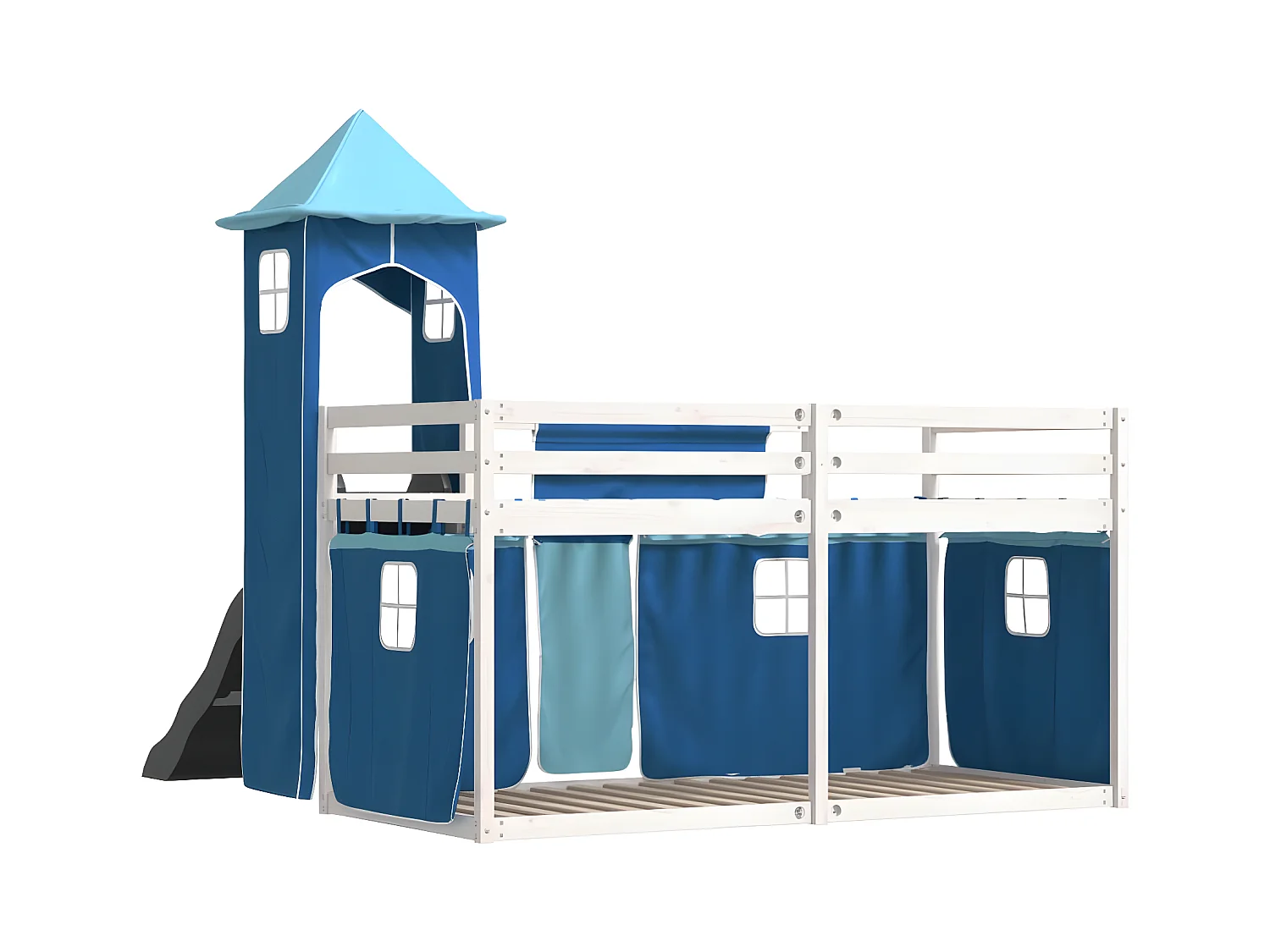 Lit superposé avec toboggan et rideaux bleu 80x200 cm