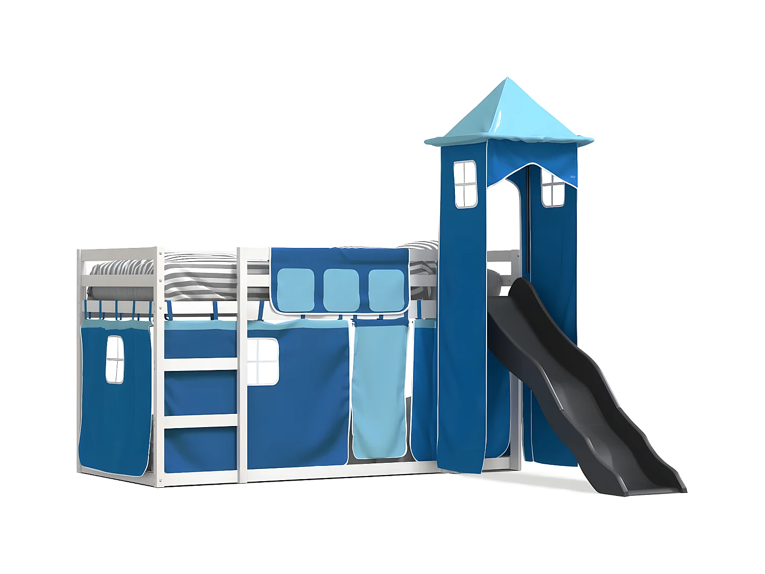 Lit superposé avec toboggan et rideaux bleu 80x200 cm